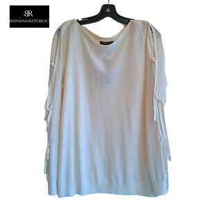 BANANA REPUBLIC NEW Coastal Grandmother Boho Wool Fringe-Ties Sleeves Sweater XL